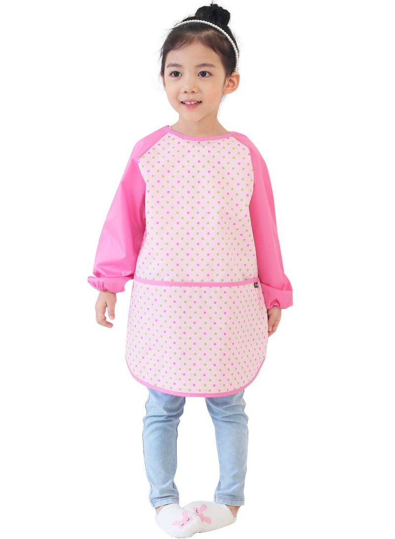 Plie Kids Painting Apron â€“ Waterproof Long Sleeve Art Smock for Toddlers & Preschoolers, Messy Play, Baking, Crafts, Cooking, Sensory Activities (Ages 1â€“10), Pink&Green Dot (29-M) - Image 1